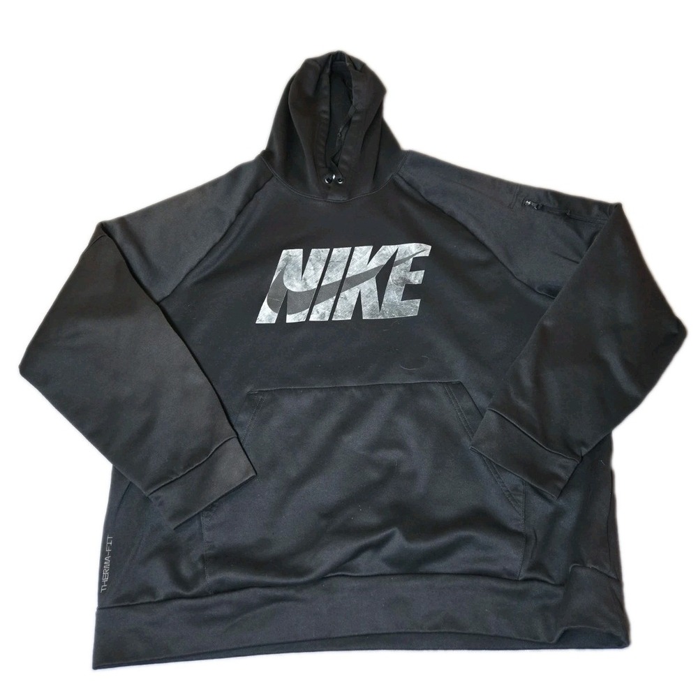 Nike Therma-FIT Hoodie Mens XL Black Distressed Stone Logo Fitness Pullover Flee